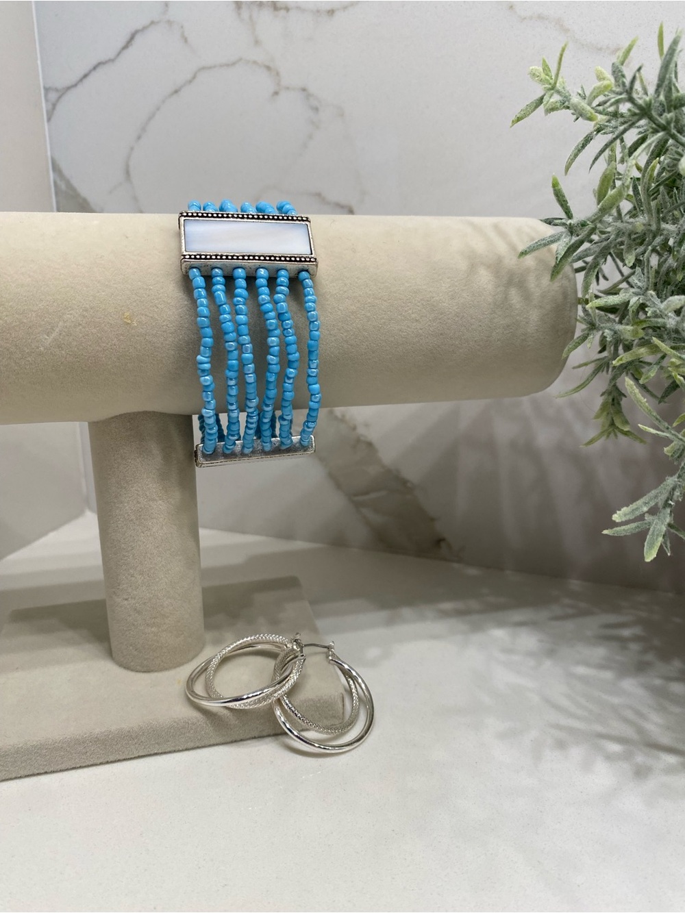 Turquoise Beaded Multi-Strand Bracelet with Silver-Tone Hoop Accent Earrings
